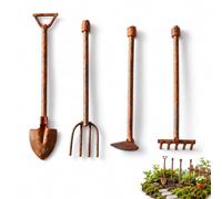 4 attrezzi da giardino in miniatura, scala 1:12, per casa delle bambole e | Realizzato in robusto ferro con finitura arrugginita, design realistico, per case delle bambole, giardini delle fate e