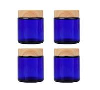 4 barattoli rotondi in vetro blu da 100 g, con coperchi a grana del legno, contenitori vuoti ricaricabili, per lozioni, creme, unguenti, trucco, ombretti, creme, campioni, vasetti, contenitori da
