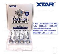 4 batterie AAA litio ricaricabili 1,5v pila ministilo XTAR 1000mAh 1620mWh