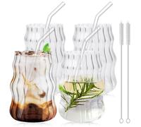 4 bicchieri in vetro da 530 ml, con coperchio e cannuccia, set di bicchieri a coste, bicchieri da tè con cannucce di vetro, bicchieri scanalati, bicchieri in vetro, tazze per tè, latte