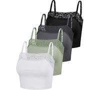 4 Canotte Corte Senza Maniche Top con Bordi Pizzo Canottiere Scollo per Donna (Nero, Grigio Scuro, Verde, Bianco, XL)
