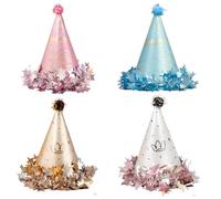 4 cappelli da festa, 19 cm x 18 cm, per giovani e adulti, a forma di cono con pompon e bordi a stella, essenziali per feste di compleanno e addio al nubilato, blu o rosa
