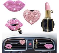 4 clip per bocchetta dell'aria, a forma di labbra rosa, a forma di cuore, profumatori per auto da donna, con strass, diffusore di strass, simpatici, decorazione per auto, accessori per interni da