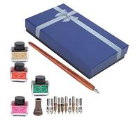4 Color Dip Pen with Replaceable Nib Kit, Wooden Fountain Pen for Calligraphy Writing, Art Creation and Giving (SP098045 (fire effect) brown pen holder four-ink)