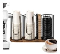 4 Compartment Cup Holder - Metal Tableware Rack - Wooden Base Organizer | Coffee Cup Dispenser Rack for Kitchen Countertop Study Corner Drink Shop Party