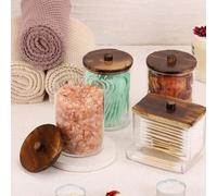 4 confezioni di contenitori cosmetici Qtip, dispenser per bastoncini di cotone cosmetici rotondi da 10/7 once, barattolo per medicinali con coperchio in bambù per organizzazione e conservazione (marro