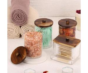 4 confezioni di contenitori cosmetici Qtip, dispenser per bastoncini di cotone cosmetici rotondi da 10/7 once, barattolo per medicinali con coperchio in bambù per organizzazione e conservazione (marro