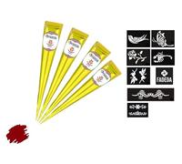 4 coni di henné FADEDA | 4 x 25 g pasta naturale | marrone castagno (rosso-marrone) | 8 diversi stencil adesivi | 100% vegetale | pronto all'uso e senza PPD