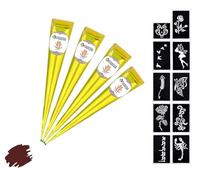 4 coni di henné FADEDA | 4 x 25 g pasta naturale | marrone naturale | 10 diversi stencil per adesivi | 100% vegetale | pronto all'uso e senza PPD