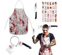 4 costumi da macellaio, costume di Halloween da macellaio con fascia per coltello, spaventosi costumi di Halloween da uomo con grembiule insanguinato e adesivi per tatuaggi per adulti, accessori per