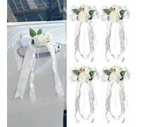 4 decorazioni per maniglia della portiera dell'auto per matrimoni, fiori artificiali bianchi con nastri a fiocco, accessori automobilistici per maniglie delle portiere dei veicoli
