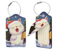 4 etichette per bagagli in pelle PU con scritta in lingua inglese "Cute Cat" cantano canti natalizi, etichette identificative da viaggio, con protezione della privacy e anello in acciaio inox, per