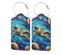 4 etichette per bagagli in pelle PU per valigie, astronauta che nuota nello spazio, pianeti, etichette per bagagli con anello in acciaio inossidabile, etichetta identificativa per la privacy, per