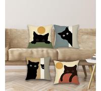 4 federe per cuscini a forma di gatto nero, con motivo a gattino, per divano