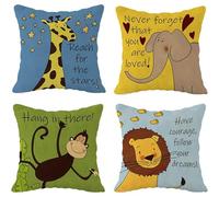 4 federe per cuscini per bambini, 45 x 45 cm, decorazione per la cameretta dei bambini, motivo: elefanti, giraffe, leoni, scimmie, in lino, per camera dei bambini, divano, auto, camera da letto