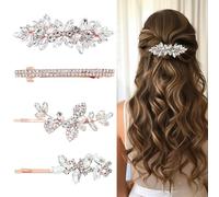 4 fermagli per capelli con strass, a forma di foglia, per matrimonio, forcine argentate, per spose, damigelle d'onore, ragazze con fiori (oro rosa)