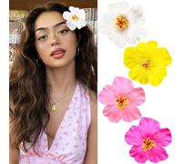4 fermagli per capelli da donna con fiori hawaiani, motivo ibisco, con rosa, 8,9 cm, accessori per capelli per vacanze, feste in spiaggia, bohémien, per ragazze e matrimoni