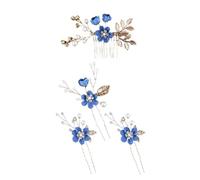 4 fermagli per capelli da sposa e da donna, con perle e fiori, per matrimonio, per damigella d'onore, colore blu reale
