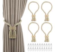 4 fermatenda magnetici con 20 Passanti per Tende, fermatenda Magnetica in Legno, fermatenda per Tende in Legno Boho, Fatti a Mano, Corda di Cotone, per Decorazioni (Beige)