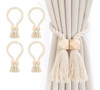 4 fermatenda magnetici per tende, in legno, in cotone, tessuto a mano, fermatenda, per tende (beige, 4)