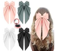4 fiocchi per capelli per donne e ragazze, grandi fiocchi per capelli e spazzola per capelli da viaggio, fiocco in raso setoso, clip per capelli in metallo con coda lunga oversize