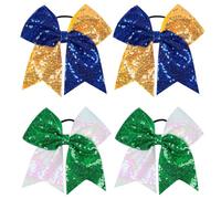 4 fiocchi per cheer da 17,7 cm, grandi con paillettes, per coda di cavallo da donna, blu e oro, per cheerleader sportivi, accessori per uniformi di squadra
