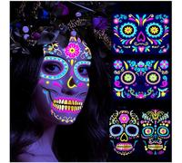 4 fogli adesivi per tatuaggi di Halloween viso luminoso diapositiva de los muertos tatuaggio per il viso costume da uomo donna accessori per il trucco Glow nel buio giorno dello scheletro morto