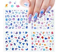 4 Fogli Estate Oceano Adesivi Unghie Nail Art Stickers, Conchiglie Adesivi Unghie Stelle Marine 5D Stickers Unghie Autoadesivi, per DIY Decorazioni Unghie