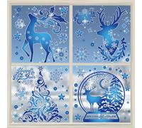 4 Fogli Grande Vetrofanie Natalizie per Finestre Con Argento Lucido, 30X45cm Addobbi Natalizi per Vetrofania, Adesivi Natalizi Per Finestre Riutilizzabili, Adesivi Vetro Natale per La Casa (Blu)