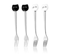 4 forchette da caffè in acciaio inox con testa di gatto, forchetta per amanti dei gatti, forchetta carina, forchetta per torta gelato per macedonia di frutta (nero, bianco)