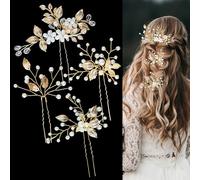 4 forcine per capelli da sposa, con foglia dorata, con perle e fiori, accessori per capelli da sposa, damigelle d'onore, donne e ragazze