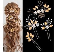 4 forcine per capelli da sposa, pettine laterale da sposa, a forma di foglia dorata, con perle di cristallo, accessori vintage per capelli da sposa, damigelle d'onore, donne e ragazze