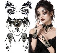 4 gioielli gotici da donna, gioielli per il viso e il corpo con pietre | Collana in pizzo nero, accessorio gotico, steampunk, costume da vampiro, accessorio da donna, accessorio per feste in