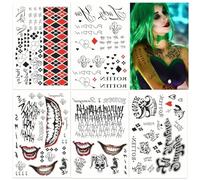 4 Halloween Tatuaggi Temporanei, Fogli Grande di Tatuaggi di Joker, Impermeabile Tatuaggio Temporaneo, Tattoo Harley Quinn Sticker per Halloween, cosplay, costumi e accessori per feste