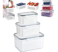 4-in-1 Food Storage Container with Removable Colander and Lid, Large Produce Keeper for Refrigerator, Plastic Drain Basket Organizer for Vegetables, Berries and Salad (Three-piece set,Transparent)