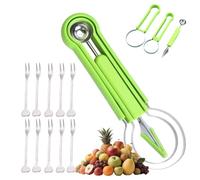 4 In 1 Fruit Carving Tools Knife Kit, Multifunctional Stainless Steel Melon Baller Scoop Set, Watermelon Cutter Kitchen Gadget, Fruit Sculpting and Western Food Prep (Green with 10 Forks)