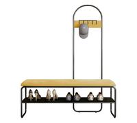 4-in-1 Hall Tree with Bench & Velvet Cushion, Freestanding Metal Clothes Rack with 5 Hooks for Entryway, Hallway & Living Room - Light Yellow, 80cm