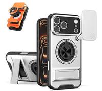 4-in-1 Protective Case with Camera Slider, Shockproof Slide Lens Case with Ring Holder, 360° Full Protection Magnetic Swivel Protective Cases for iPhone17/16/15 Series (Silver,15Pro)