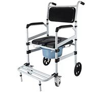 4 in 1 sedia a rotelle da comodino, Sedia da doccia mobile da trasporto con 4 ruote bloccabili, Secchio staccabile, Toilette con sedile imbottito in PU per Anziani Disabili Feriti