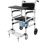 4 in 1 sedia a rotelle da comodino, Sedia da doccia mobile da trasporto con 4 ruote bloccabili, Secchio staccabile, Toilette con sedile imbottito in PU per Anziani Disabili Feriti