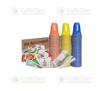 4 Kit Accessori Caffè :600 Bicchieri Plastica, 600 Palette, 600 Bustine Zucchero