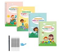 4 libri magici per scrittura a mano scanalati per bambini, include lettere e numeri, disegno artistico, operazioni matematiche, per bambini in età prescolare, educazione precoce, cartella di lavoro di