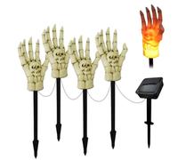 4 luci decorative per Halloween, a energia solare, fantasma, con paletti a mano, scheletro, teschio, mani scheletriche, luci solari per feste di Halloween (colore fiamma)