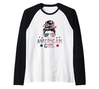4 luglio all American Girls Messy Bun Women Flag USA Maglia con Maniche Raglan