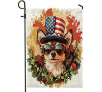4 luglio Chihuahua Front Yard Backyard Juta Verticale Giardino Bandiere 12x18 Double Face per Esterno, Giorno Indipendenza Cane Casa Stampa Bandiera, Fiore Pet Fun Home Outdoor Pattern Flag