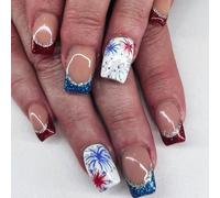 4 Luglio Finte Nails Tips Francese Premere Quadrate Finte Indipendence Day Gues On Artificial Artificial False Nail