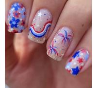 4 luglio Press On Nails Square French Tip Falso Indipendenza Falso Con Fiori Stella Disegni Stick On Colle sulle Unghie