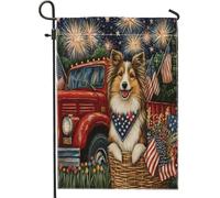 4 luglio Shetland Sheepdog Garden Bandiere 30,5 x 45,7 cm Double Face per esterno, Independence Day Dog Pattern Standard Canvas House Flags, Red Truck Front Yard Backyard Lawn Flag