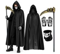 4 mantelli per Halloween, con maschera per il viso, guanti e senso | Costume da Grim Reaper con Mantello con Cappuccio 140 cm Horror Donna Uomo Bambini Morte per Carnevale e Cosplay
