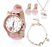 4 Orologi per gatti, per bambini, per ragazze, orologio da polso per bambini, orologio per bambini, orologio da polso per ragazze, cartoni animati, al quarzo, in pelle, bracciali con perle, graziosa